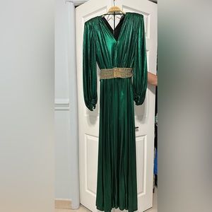 Zoe Metallic Lame Beaded-Waist Gown